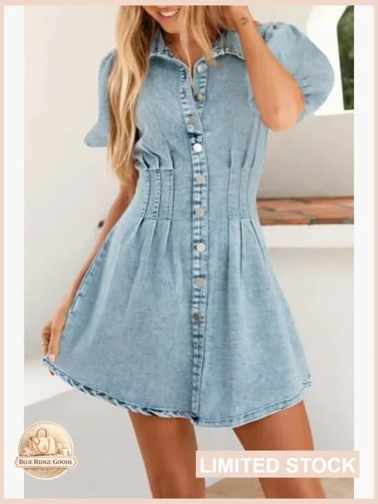 Puff Sleeve Denim Dress Slim Fit Casual Summer Mini A-Line Collared - Picture 3 of 7